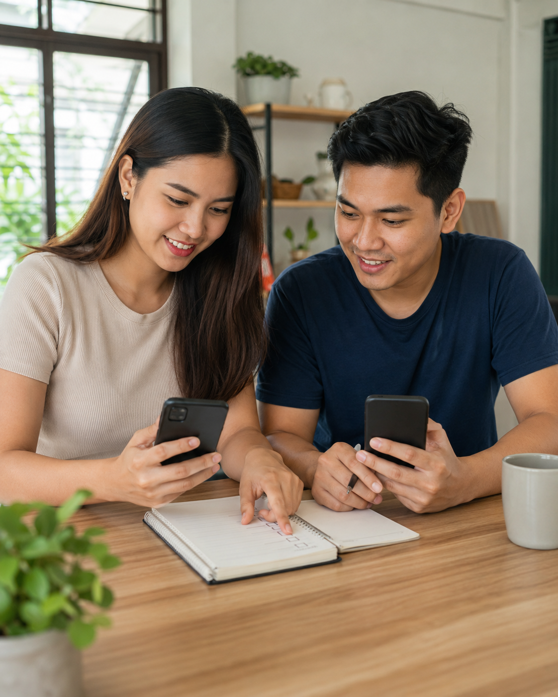 Filipino part-time helpers using smartphones together